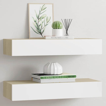 væghylder med skuffer 2 stk. eg og hvid 60x23,5x10 cm MDF