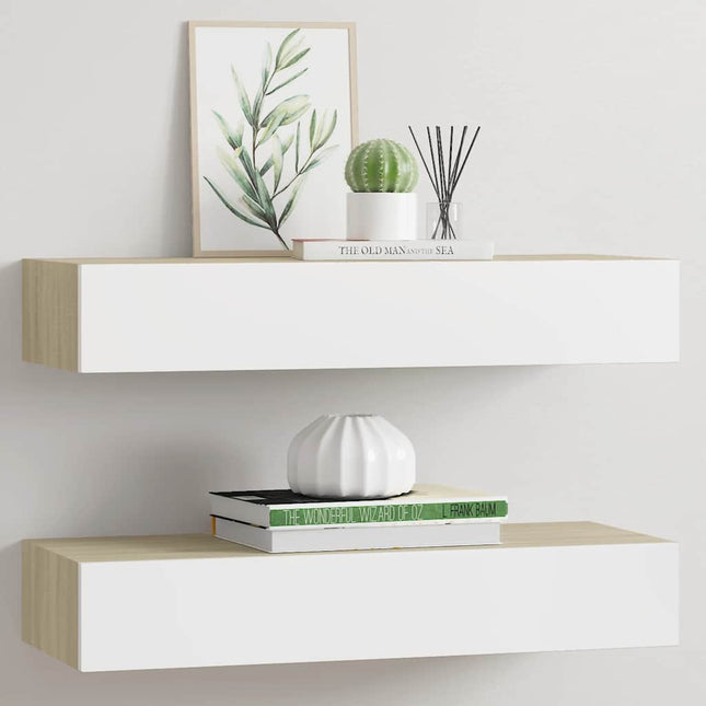væghylder med skuffer 2 stk. eg og hvid 60x23,5x10 cm MDF