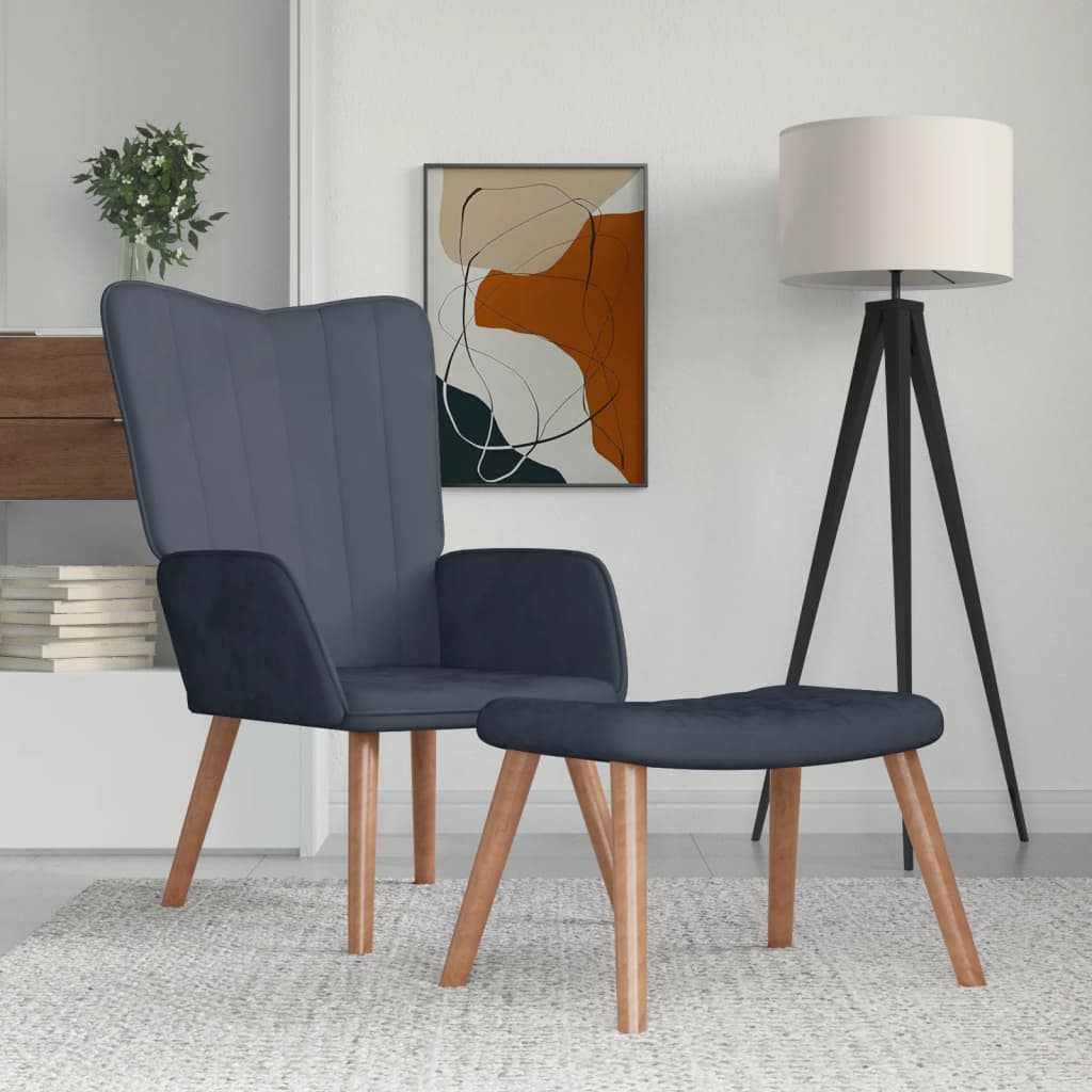 lænestol med fodskammel fløjl mørkegrå