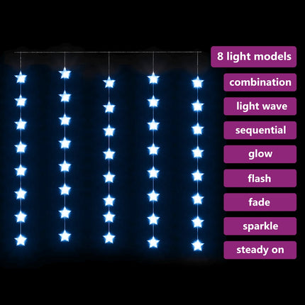 LED-lysgardin med stjerner 200 LED'er 8 funktioner blåt lys