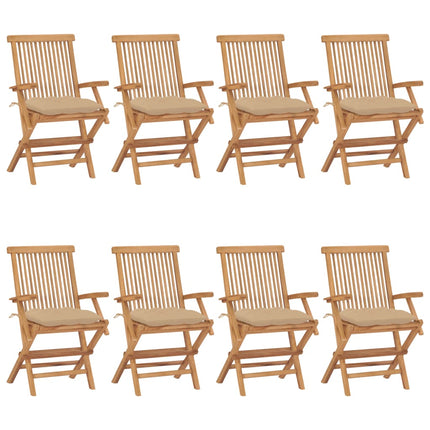 Klapstole med beige hynder 8 stk. massivt teaktræ