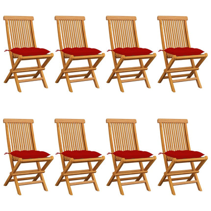 havestole m. røde hynder 8 stk. massivt teaktræ
