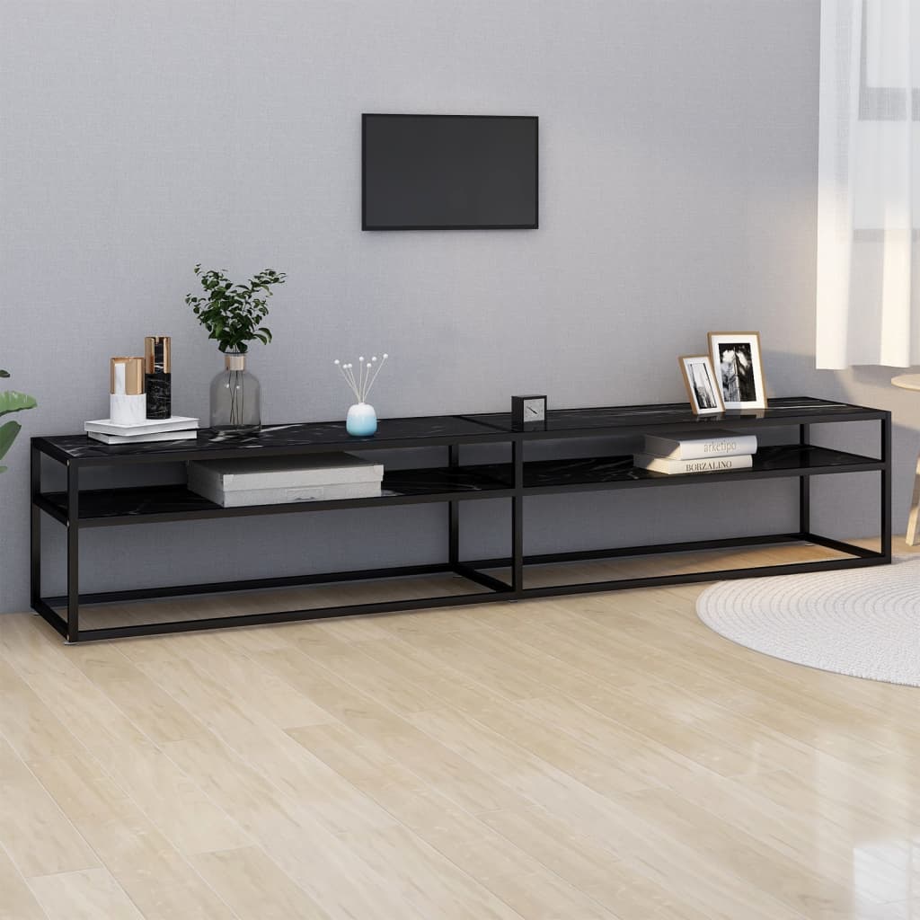 tv-bord 220x40x40,5 cm hærdet glas marmoreffekt sort