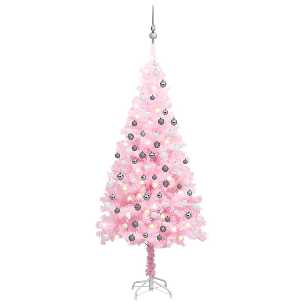 kunstigt juletræ med lys og kuglesæt 180 cm PVC lyserød