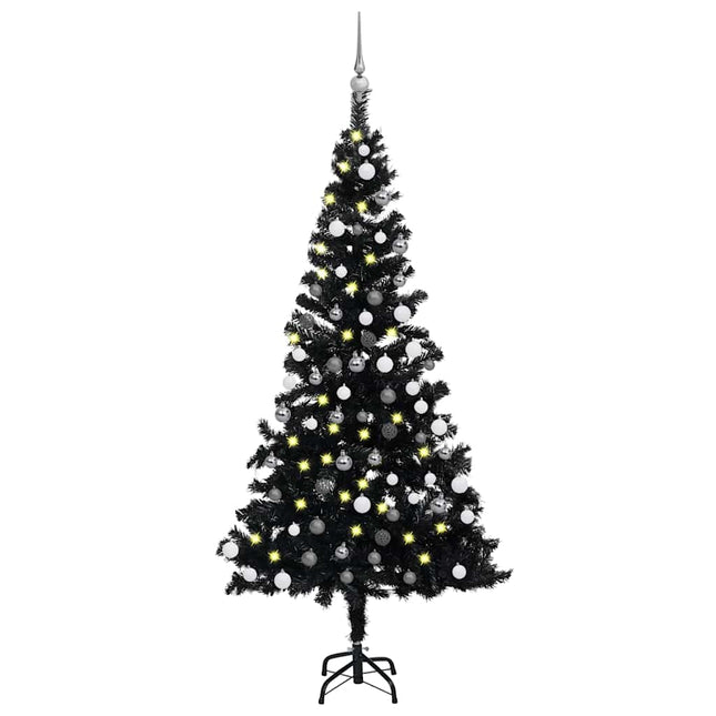 kunstigt juletræ med lys og kuglesæt 180 cm PVC sort