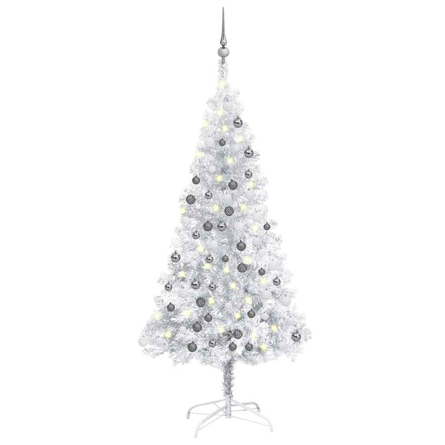 kunstigt juletræ med lys og kuglesæt 120 cm PET sølvfarvet