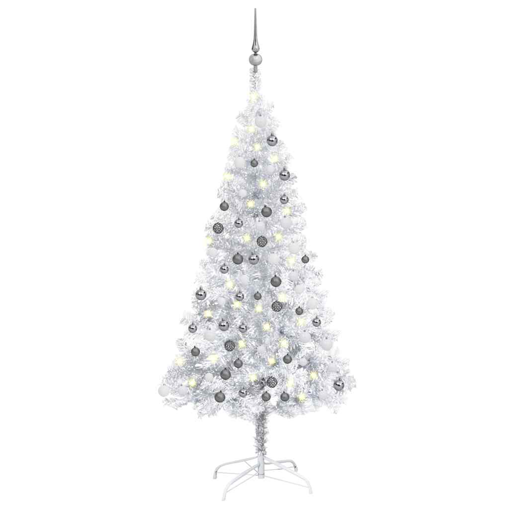 kunstigt juletræ med lys og kuglesæt 120 cm PET sølvfarvet
