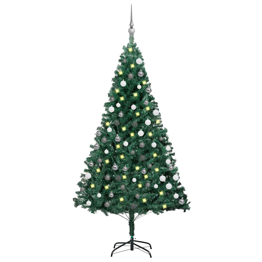 kunstigt juletræ med lys og kuglesæt 150 cm PVC grøn