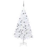 kunstigt juletræ med lys og kuglesæt 120 cm PVC hvid
