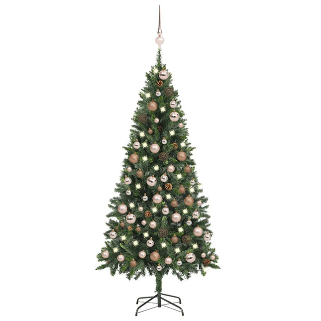juletræ med sne + lys + julekugler og grankogler 180 cm