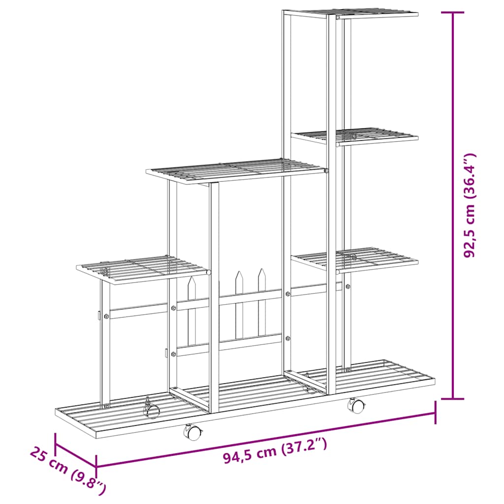 blomsterstativ med hjul 94,5x25x92,5 cm metal sort