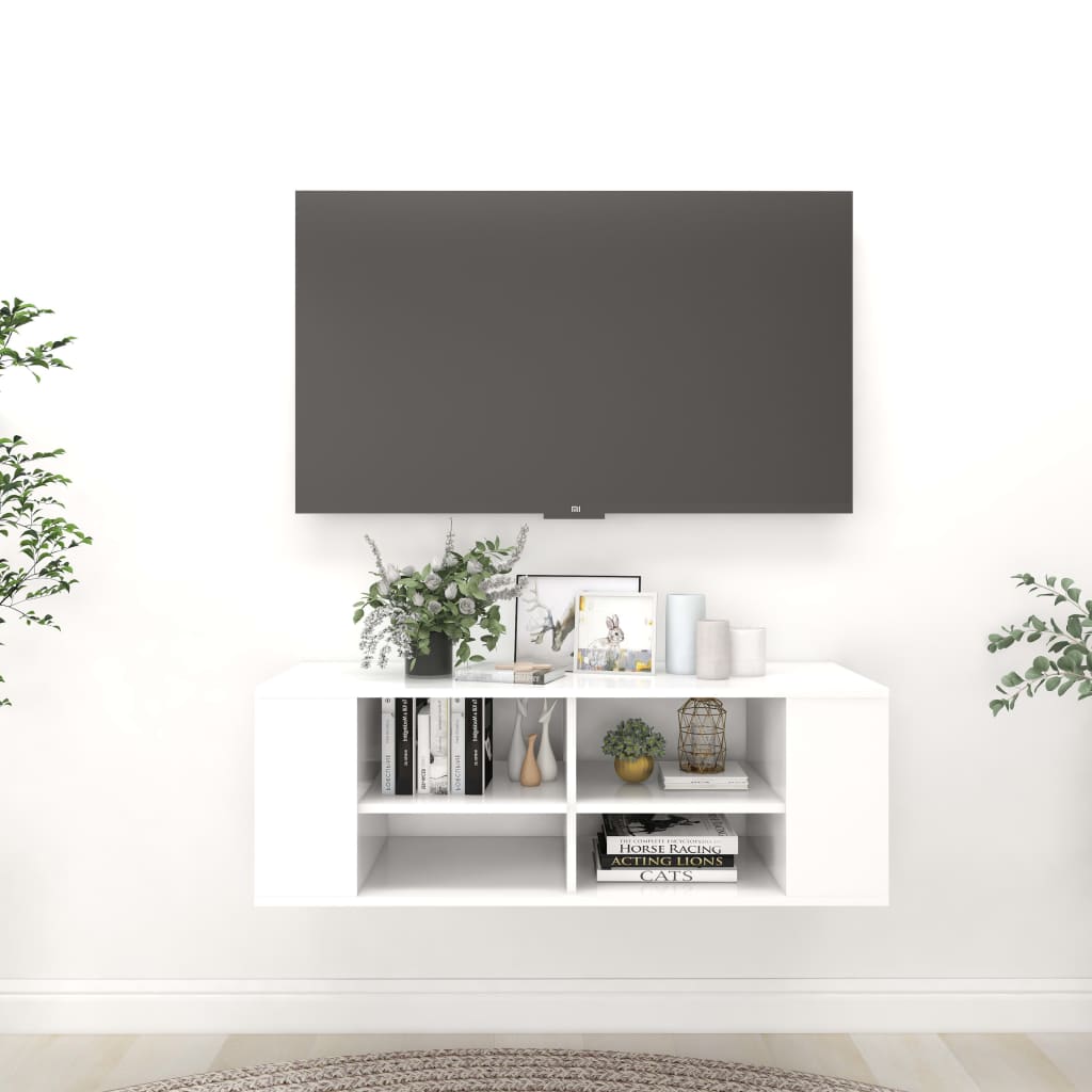 væghængt tv-bord 102x35x35 cm konstrueret træ hvid