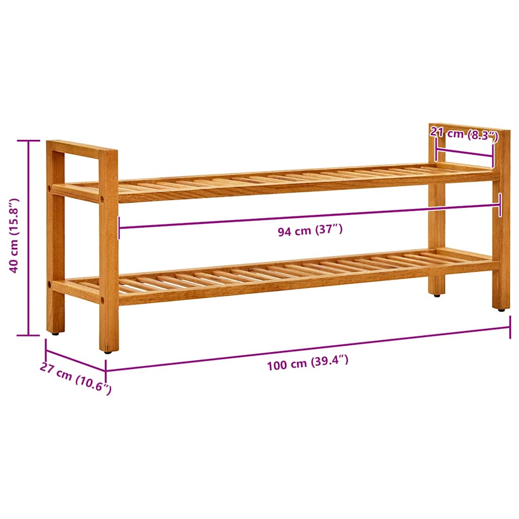 skostativ med 2 hylder 100x27x40 cm massivt egetræ