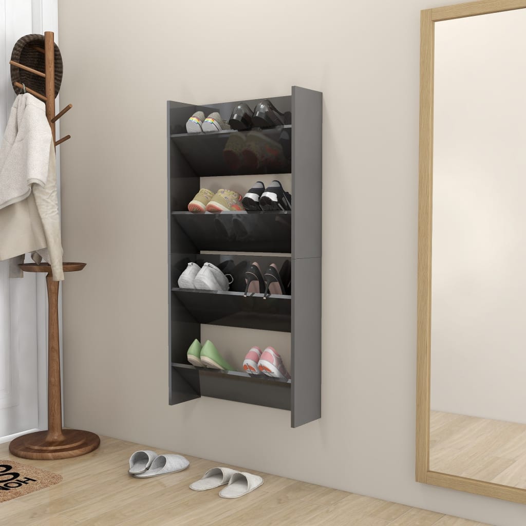 væghængt skoreol 2 stk. 60x18x60cm konstrueret træ grå højglans