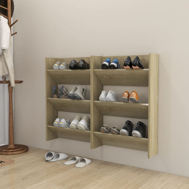 væghængte skoskabe 2 stk. 60x18x90 cm spånplade sonoma-eg