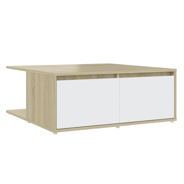 sofabord 80x80x31 cm konstrueret træ hvid og sonoma-eg