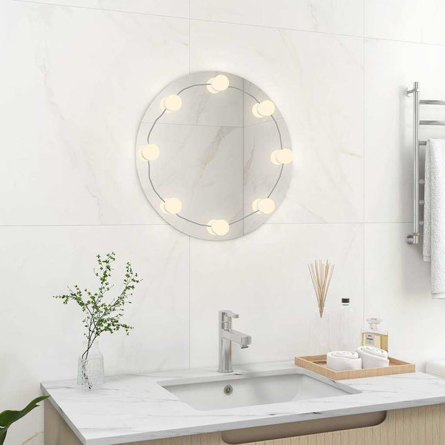 vægspejl med LED-lys rundt glas