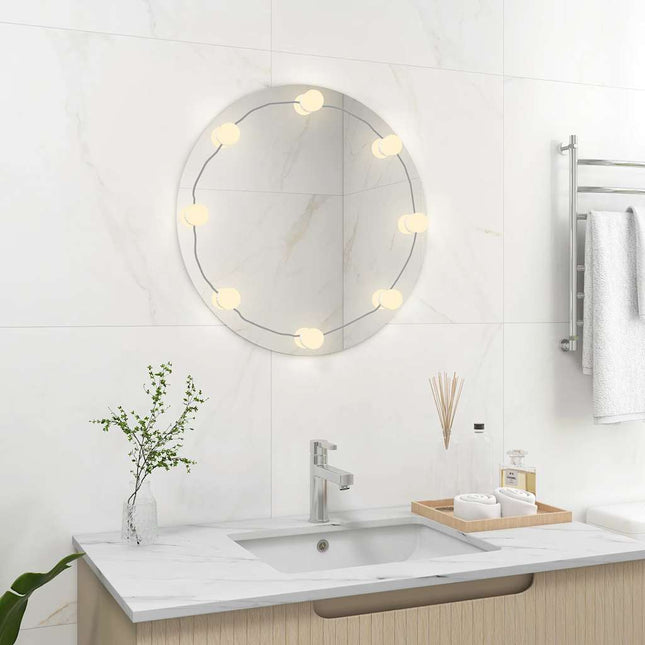 vægspejl med LED-lys rundt glas