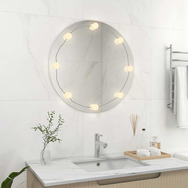 vægspejl med LED-lys rundt glas