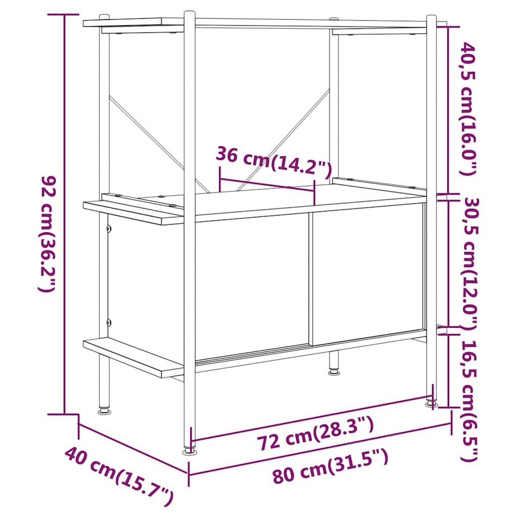reol med skab 80x40x92 cm 3 niveauer stål og konstrueret træ