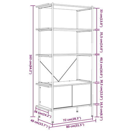 reol med skab 80x40x163 cm 5 niveauer stål og konstrueret træ