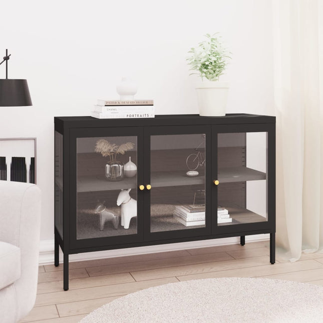 skænk 105x35x70 cm stål og glas sort