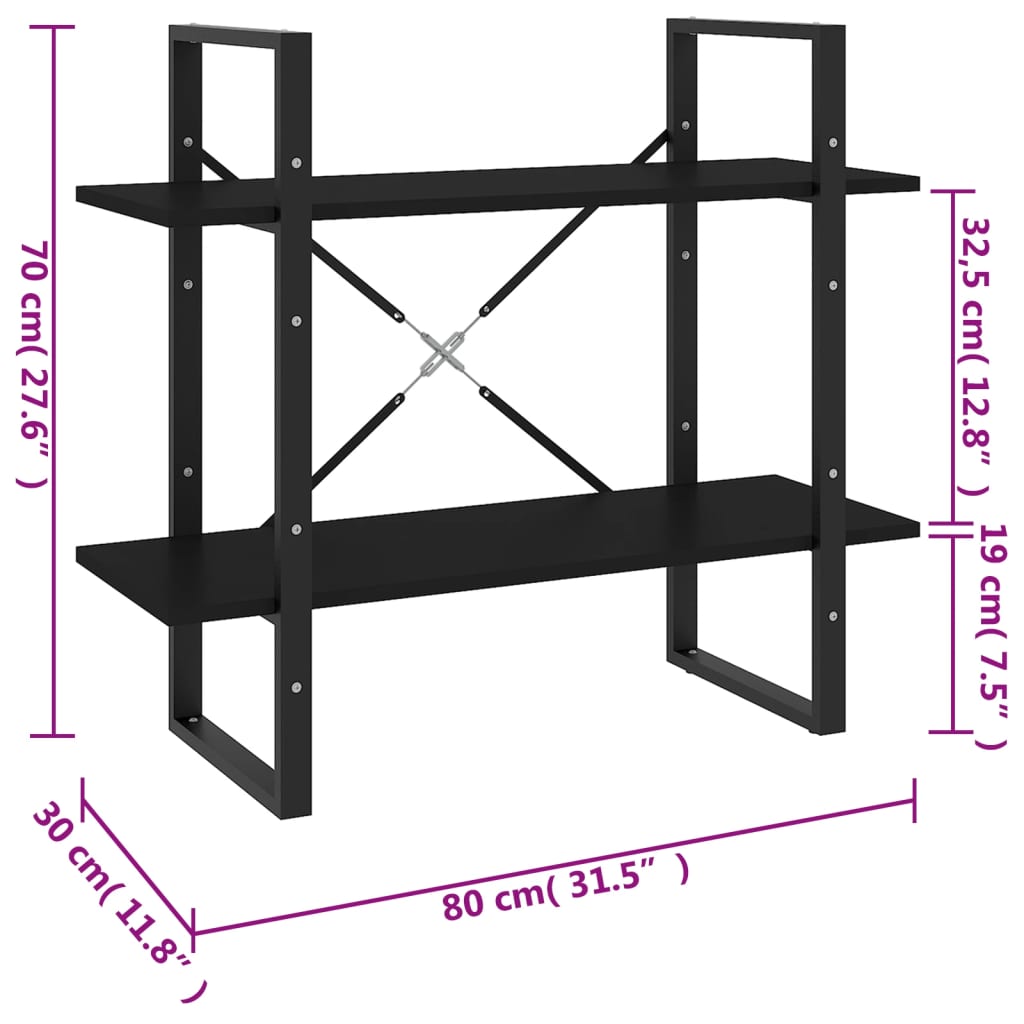 bogreol med 2 hylder 80x30x70 cm konstrueret træ sort