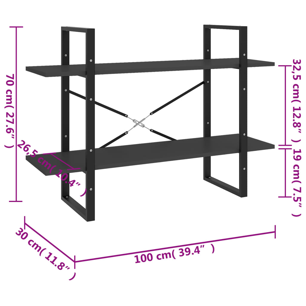 bogreol med 2 hylder 100x30x70 cm konstrueret træ grå