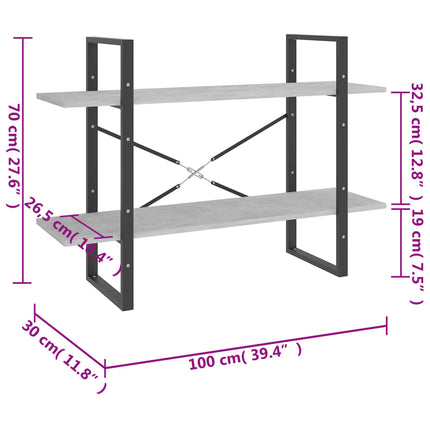 bogreol med 2 hylder 100x30x70 cm konstrueret træ betongrå