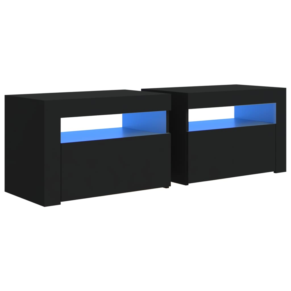 sengeborde med LED-lys 2 stk. 60x35x40 cm sort