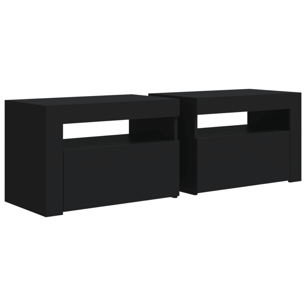 sengeborde med LED-lys 2 stk. 60x35x40 cm sort