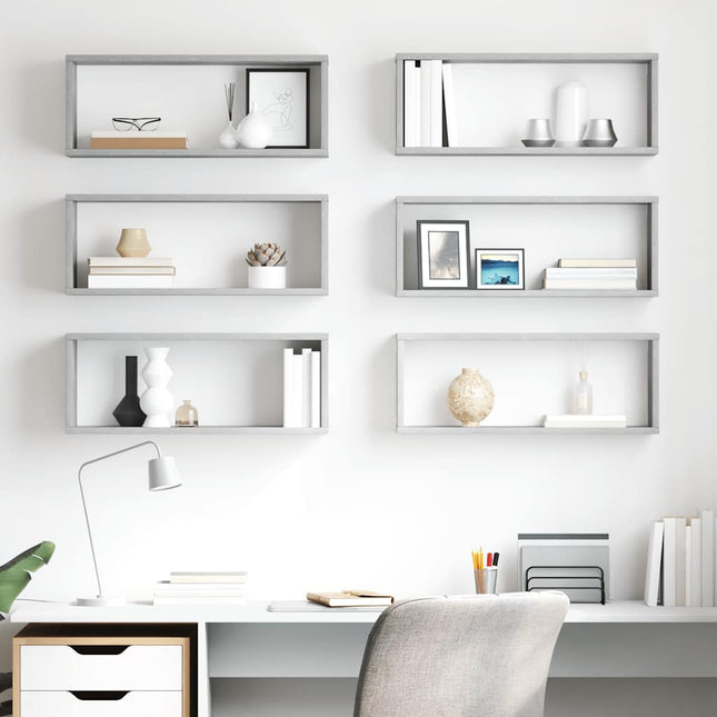 væghylder 6 stk. 60x15x23cm kubeformet konstrueret træ betongrå