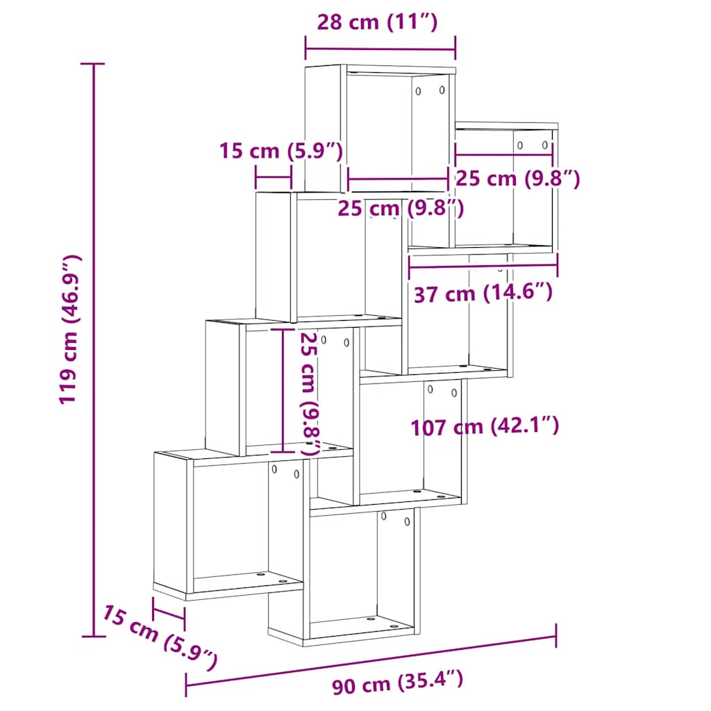 væghylde 90x15x119 cm kubeformet konstrueret træ betongrå