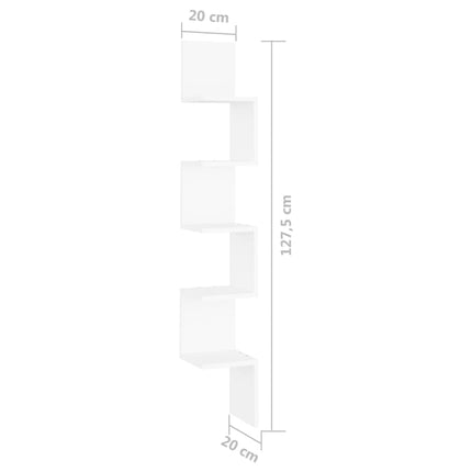 væghængt hjørnehylde 20x20x127,5 konstrueret træ hvid