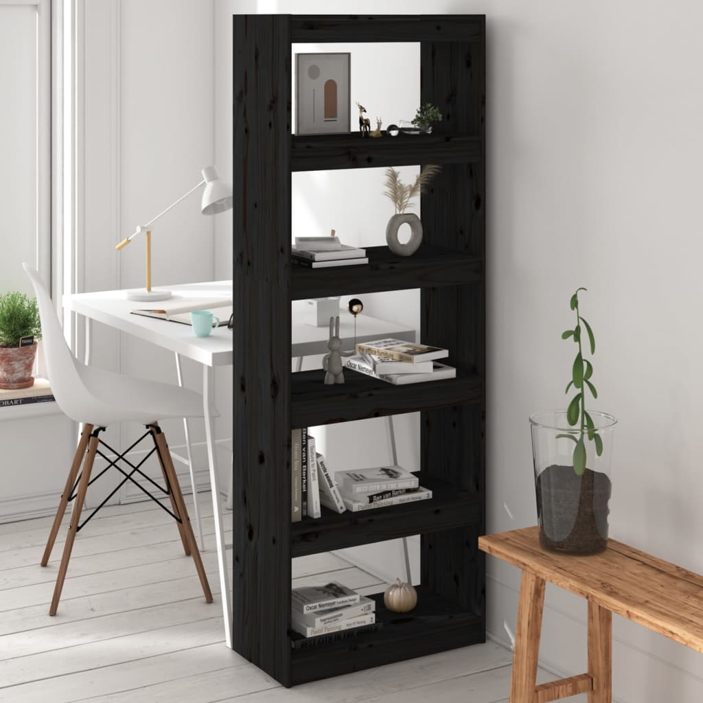 bogreol/rumdeler 60x30x167,5 cm massivt fyrretræ sort billede