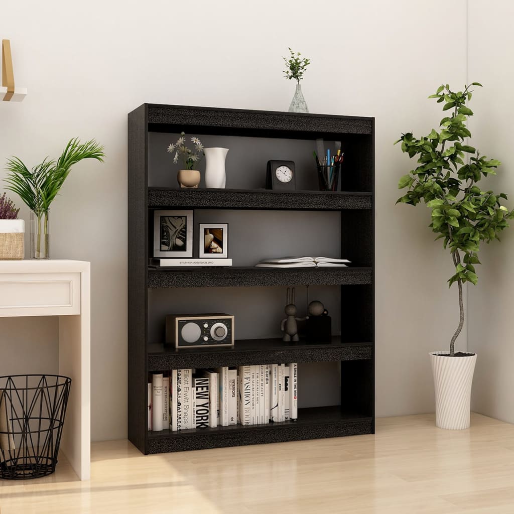 bogreol/rumdeler 100x30x135,5 cm massivt fyrretræ sort billede