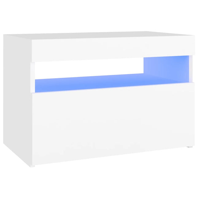 sengebord med LED-lys 60x35x40 cm konstrueret træ hvid