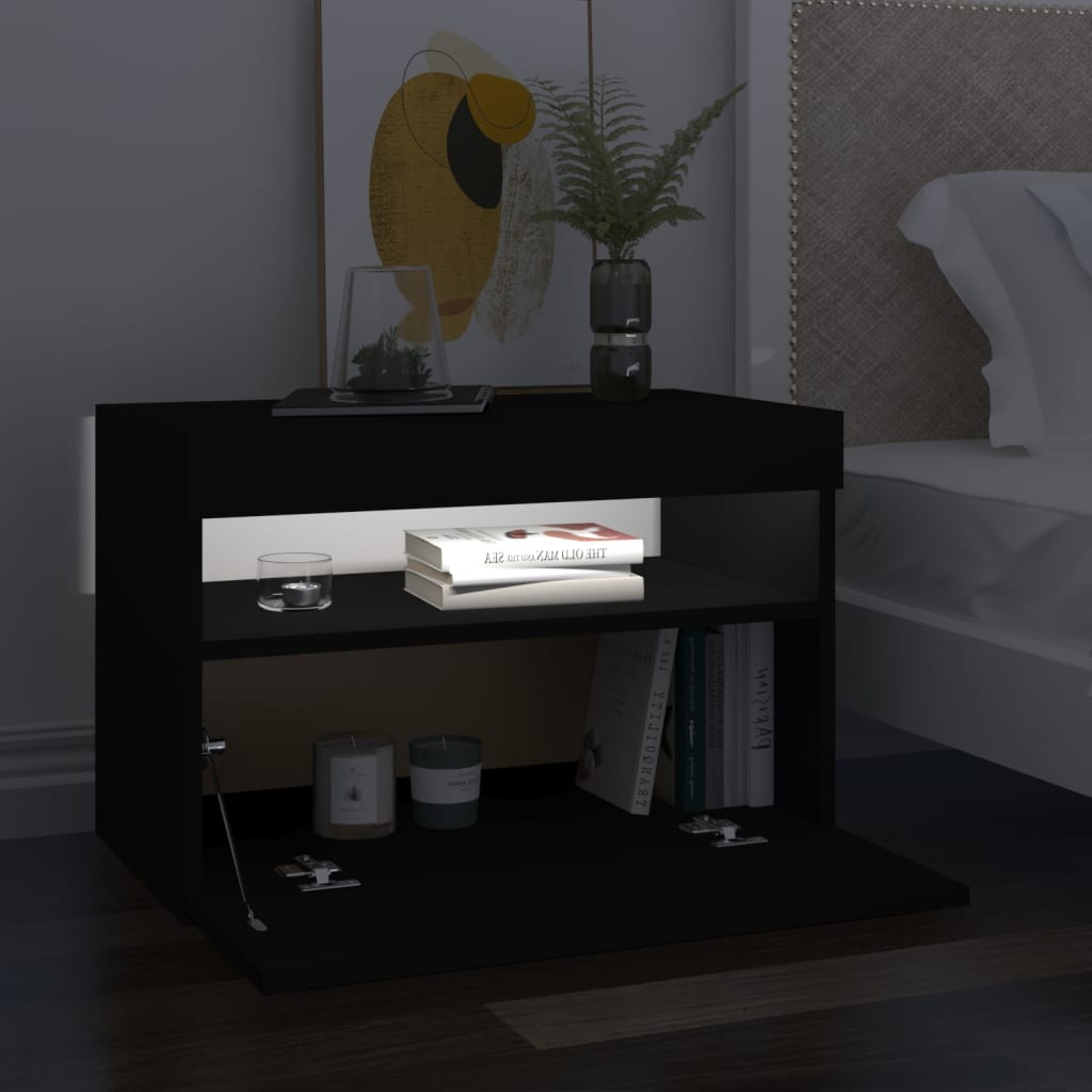 sengebord med LED-lys 2 stk. 60x35x40 cm konstrueret træ sort