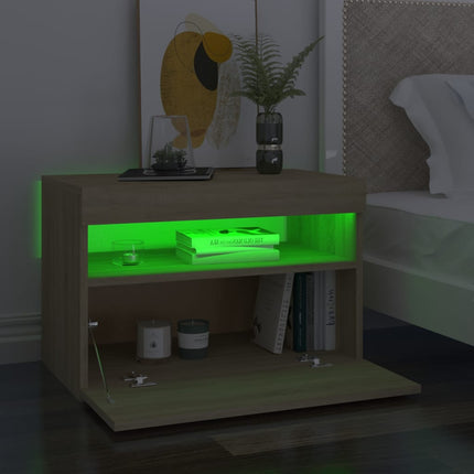 sengebord med LED-lys 60x35x40 cm konstrueret træ sonoma-eg