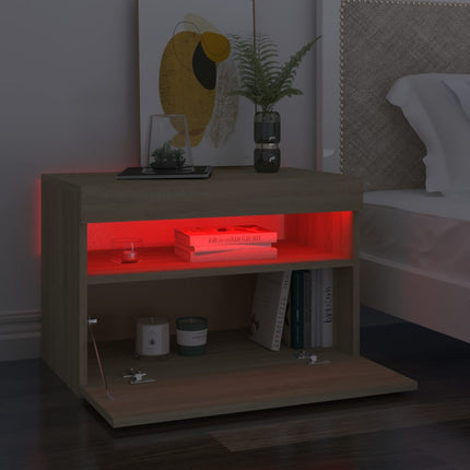 sengebord med LED-lys 60x35x40 cm konstrueret træ sonoma-eg