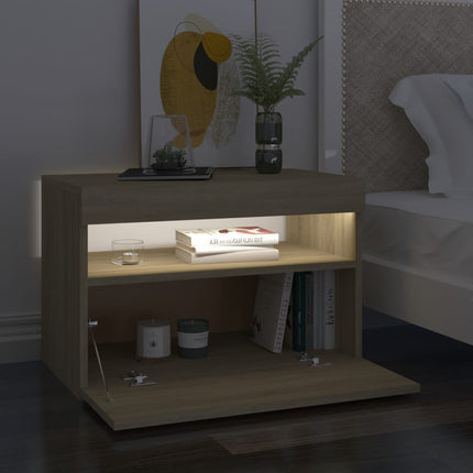 sengebord med LED-lys 60x35x40 cm konstrueret træ sonoma-eg