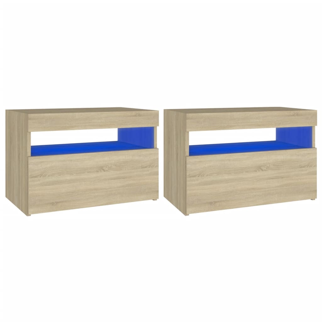sengebord med LED-lys 2 stk. 60x35x40 cm sonoma-eg