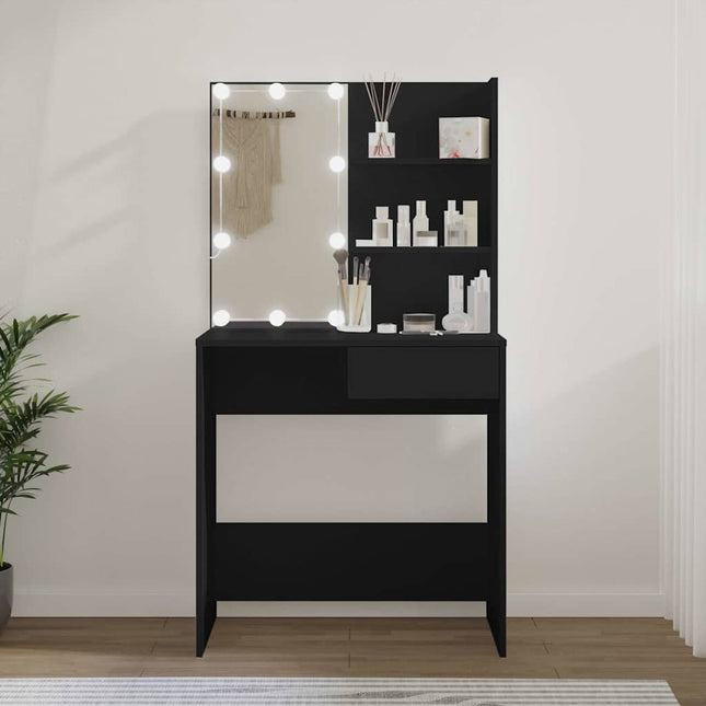 makeupbord med LED-lys 74,5x40x141 cm sort