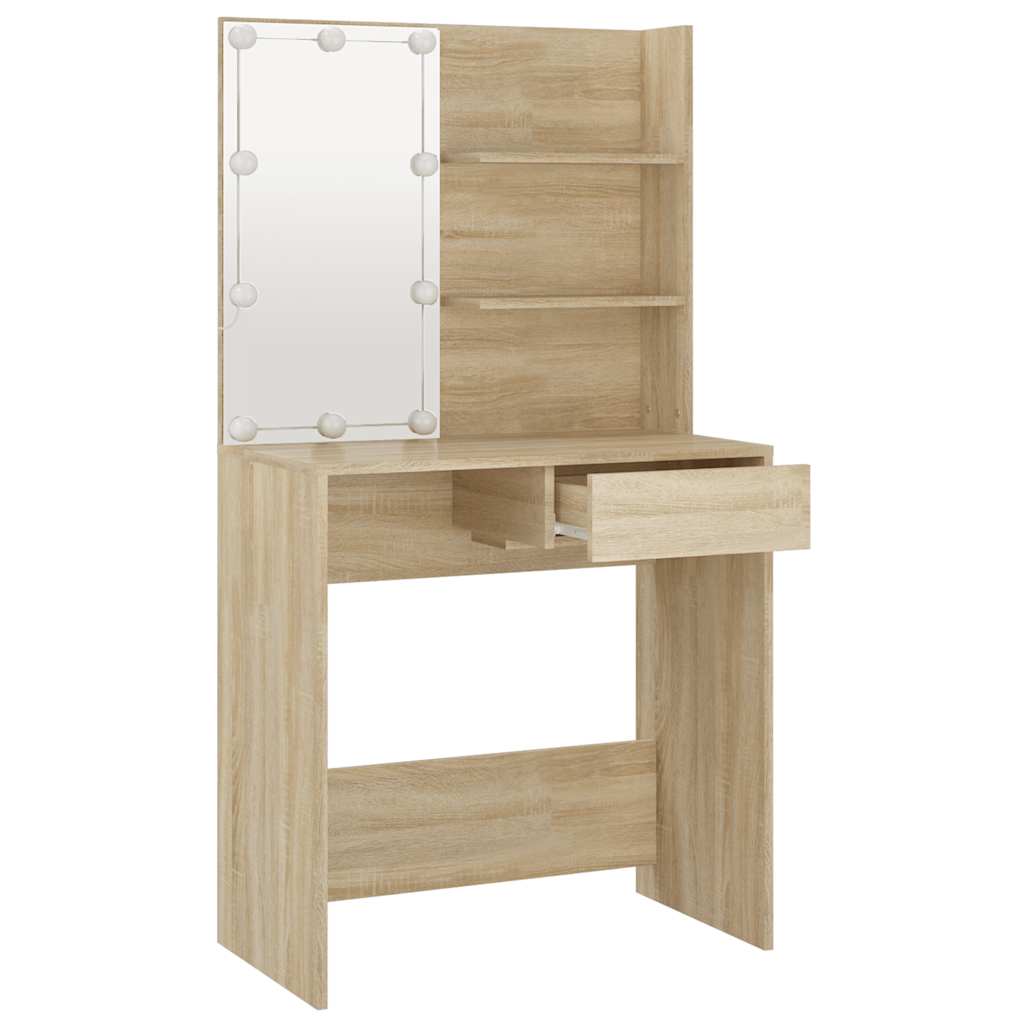 makeupbord med LED-lys 74,5x40x141 cm konstrueret træ sonoma-eg