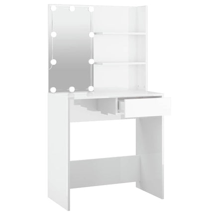 makeupbord med LED-lys 74,5x40x141 cm hvid højglans