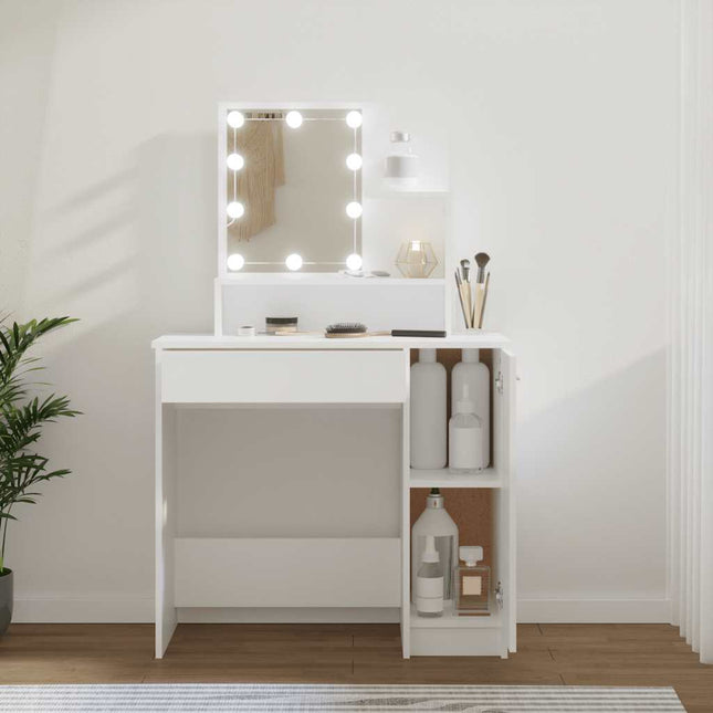 makeupbord med LED-lys 86,5x35x136 cm hvid
