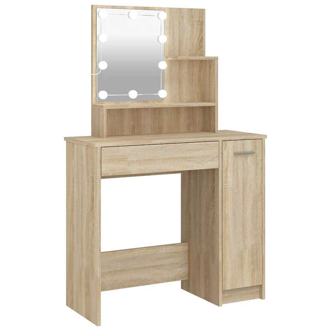 makeupbord med LED-lys 86,5x35x136 cm sonoma-eg