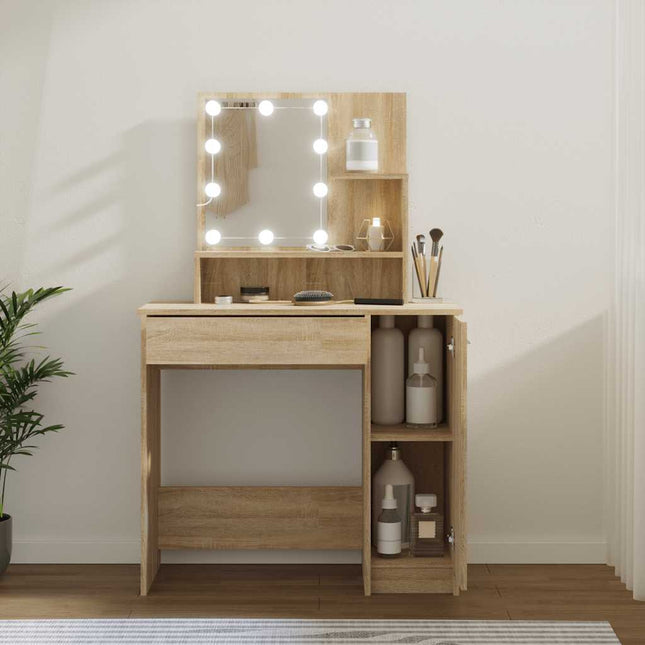 makeupbord med LED-lys 86,5x35x136 cm sonoma-eg