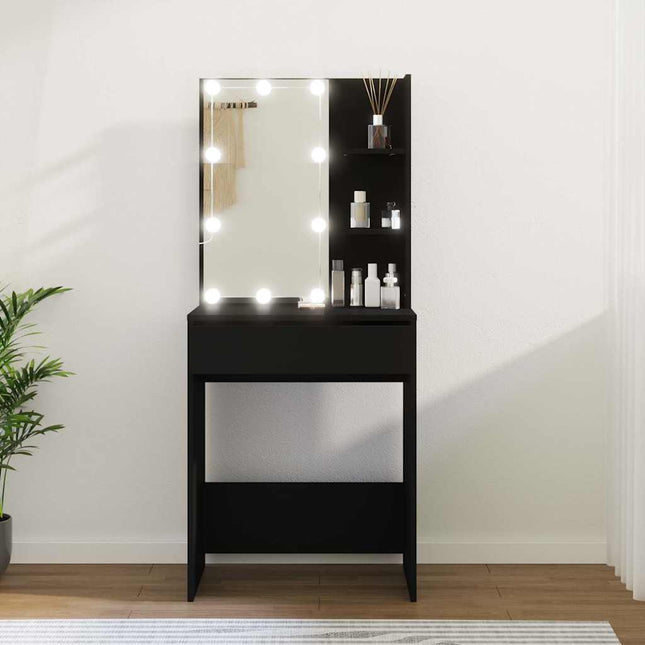 makeupbord med LED-lys 60x40x140 cm sort