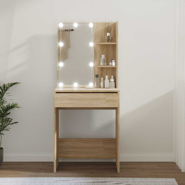 makeupbord med LED-lys 60x40x140 cm sonoma-eg